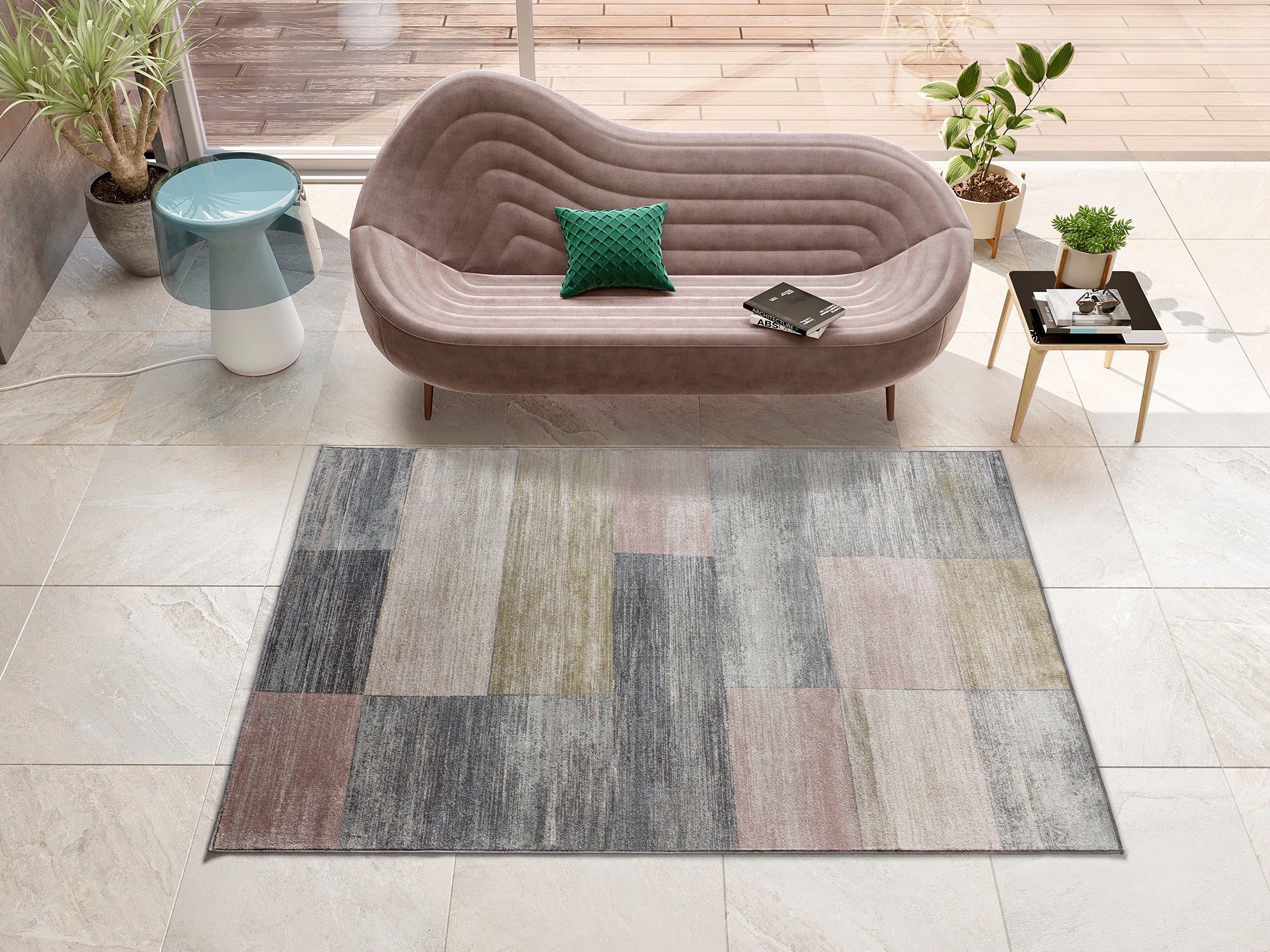 Atticgo alfombra geométrica en tonos gris y rosa y estilo vintage. Alfombra Martina ambiente